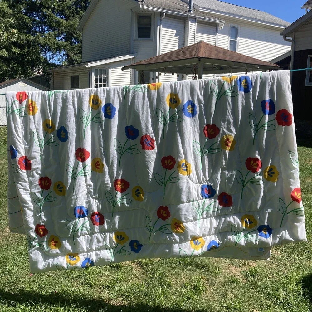 VTG Twin Comforter Burlington Colorful Floral Waves Marimekko Style 80s Rainbow